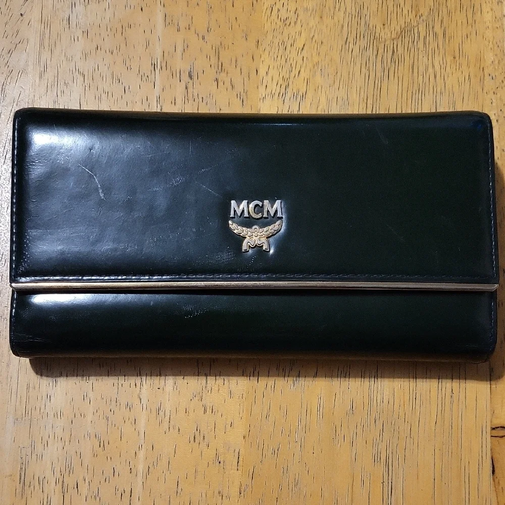 MCM Forest Green Leather Wallet with Logo